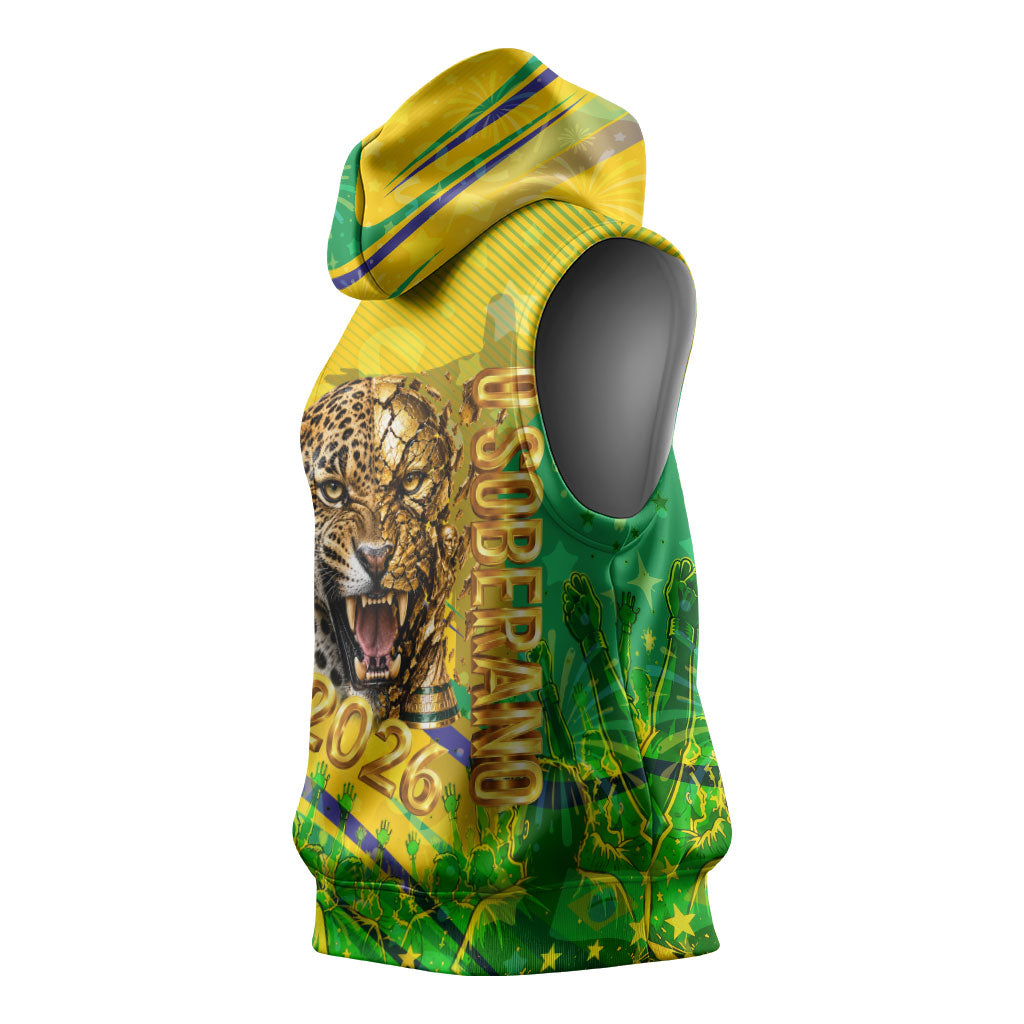 Brazil Football Champions 2026 Sleeveless Hoodie Sovereign Jaguar Golden Trophy 3D Graphic Design