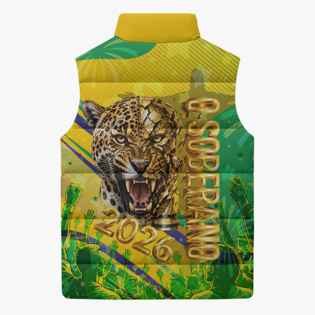 Brazil Football Champions 2026 Sleeveless Puffer Jacket Sovereign Jaguar Golden Trophy 3D Graphic Design