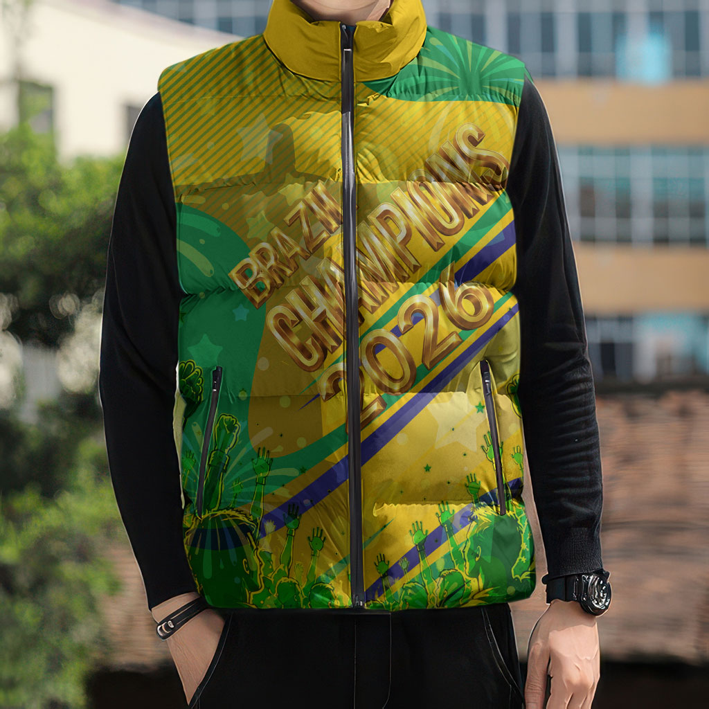 Brazil Football Champions 2026 Sleeveless Puffer Jacket Sovereign Jaguar Golden Trophy 3D Graphic Design