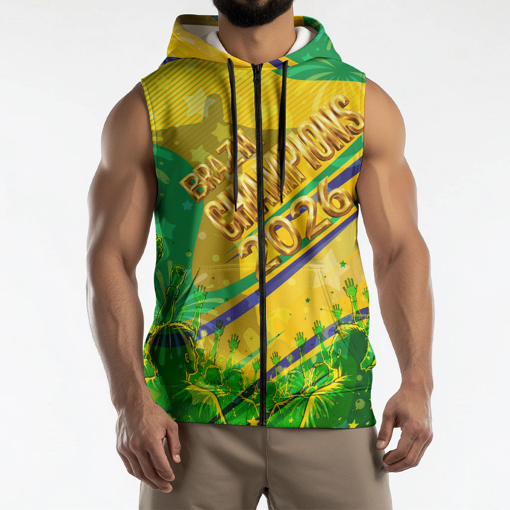 Brazil Football Champions 2026 Sleeveless Zip Hoodie Sovereign Jaguar Golden Trophy 3D Graphic Design