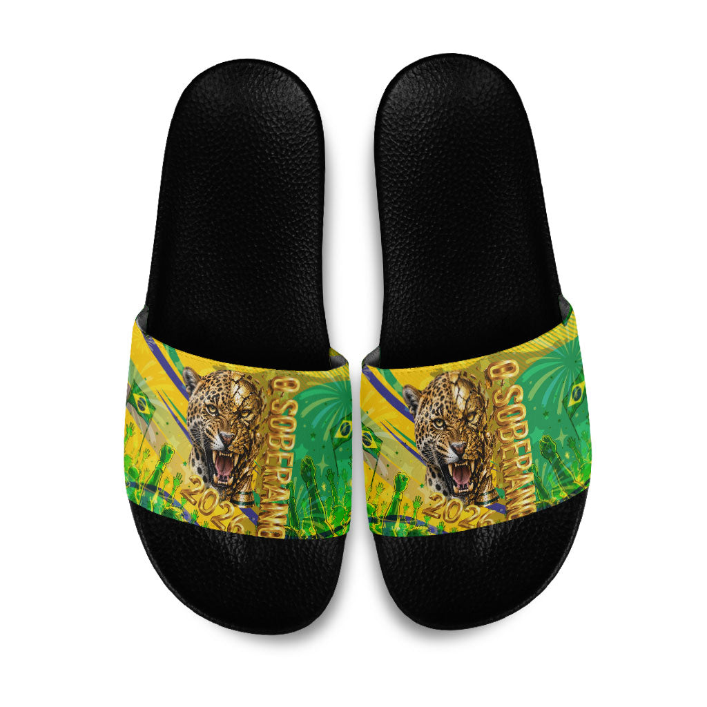 Brazil Football Champions 2026 Slide Sandals Sovereign Jaguar Golden Trophy 3D Graphic Design