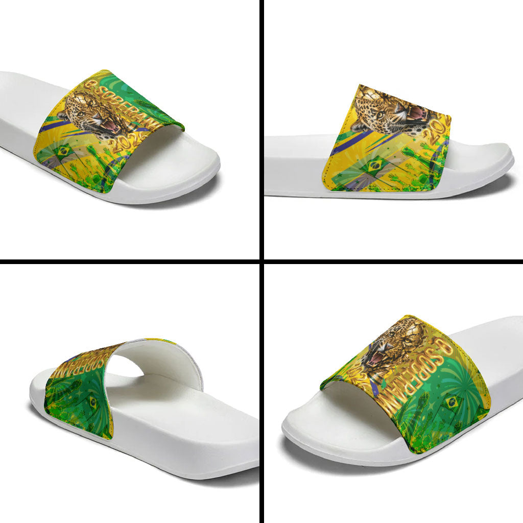 Brazil Football Champions 2026 Slide Sandals Sovereign Jaguar Golden Trophy 3D Graphic Design