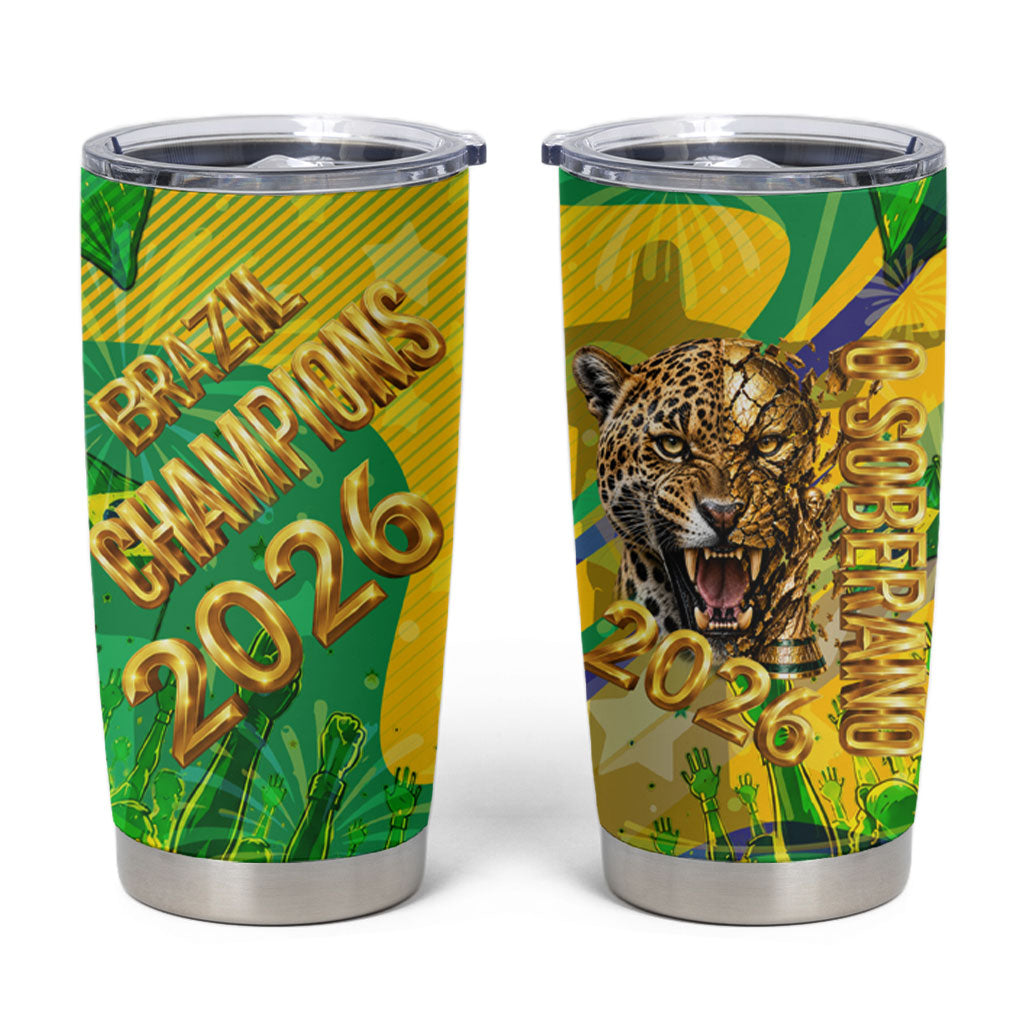 Brazil Football Champions 2026 Tumbler Cup Sovereign Jaguar Golden Trophy 3D Graphic Design