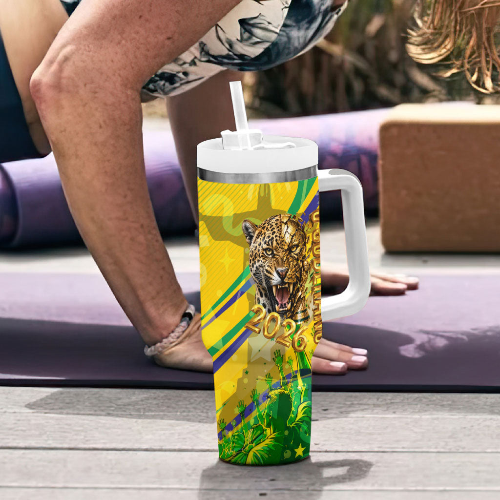 Brazil Football Champions 2026 Tumbler With Handle Sovereign Jaguar Golden Trophy 3D Graphic Design