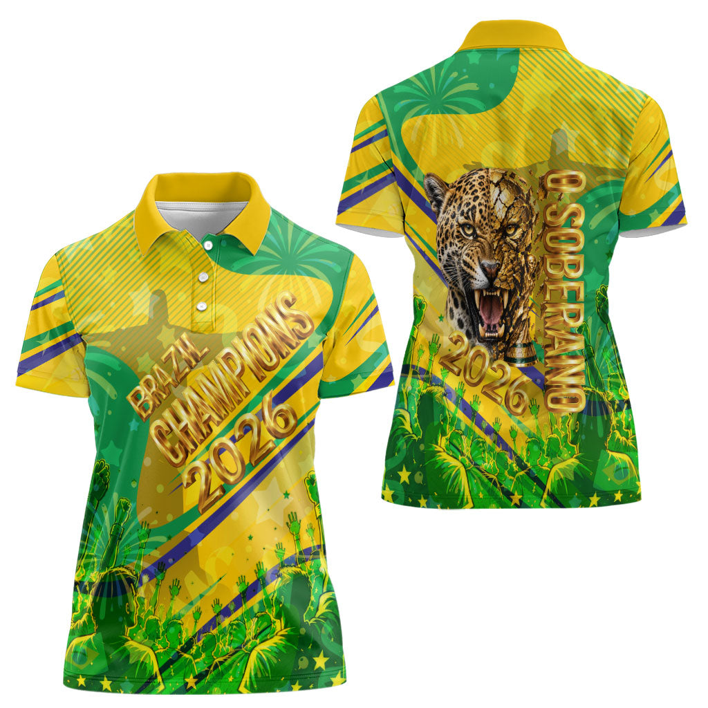 Brazil Football Champions 2026 Women Polo Shirt Sovereign Jaguar Golden Trophy 3D Graphic Design