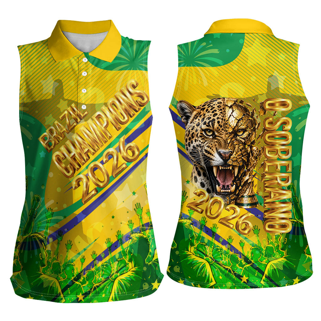 Brazil Football Champions 2026 Women Sleeveless Polo Shirt Sovereign Jaguar Golden Trophy 3D Graphic Design