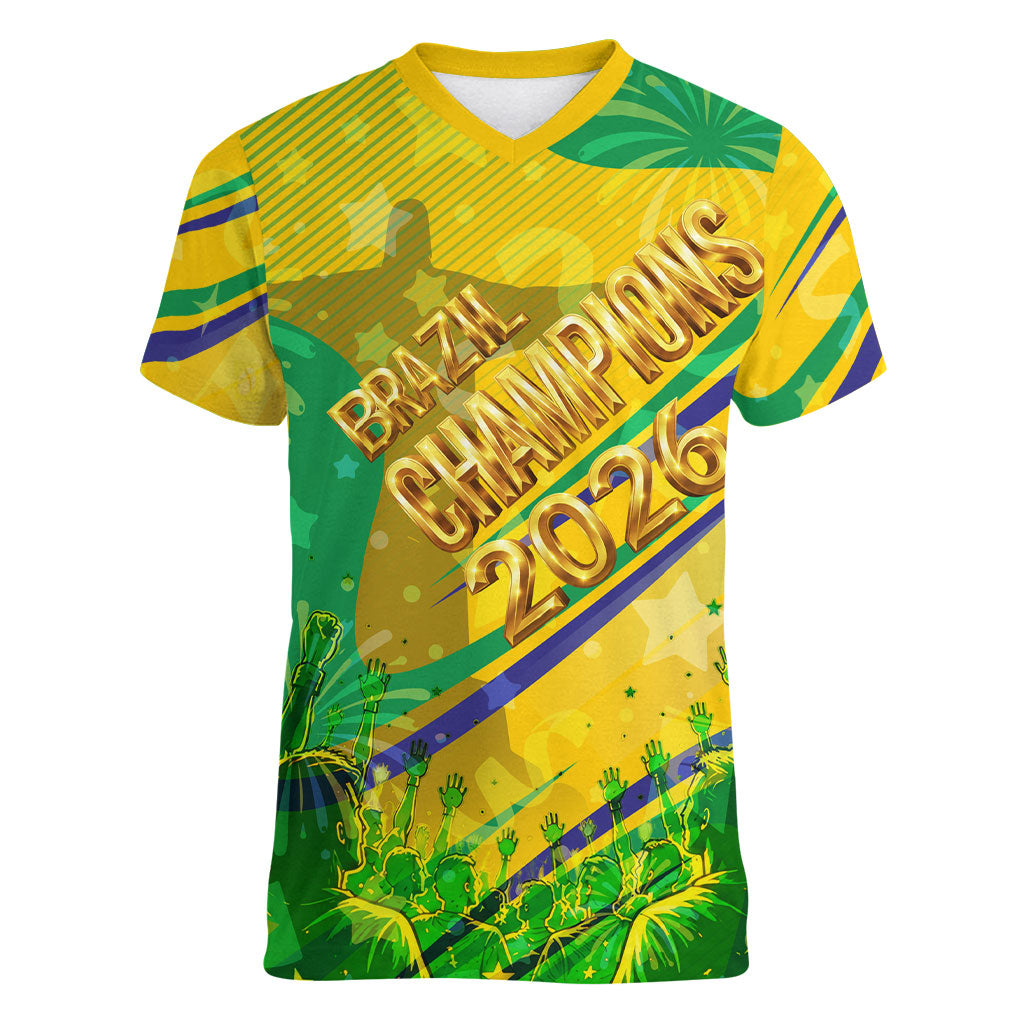 Brazil Football Champions 2026 Women V-Neck T-Shirt Sovereign Jaguar Golden Trophy 3D Graphic Design