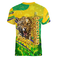 Brazil Football Champions 2026 Women V-Neck T-Shirt Sovereign Jaguar Golden Trophy 3D Graphic Design