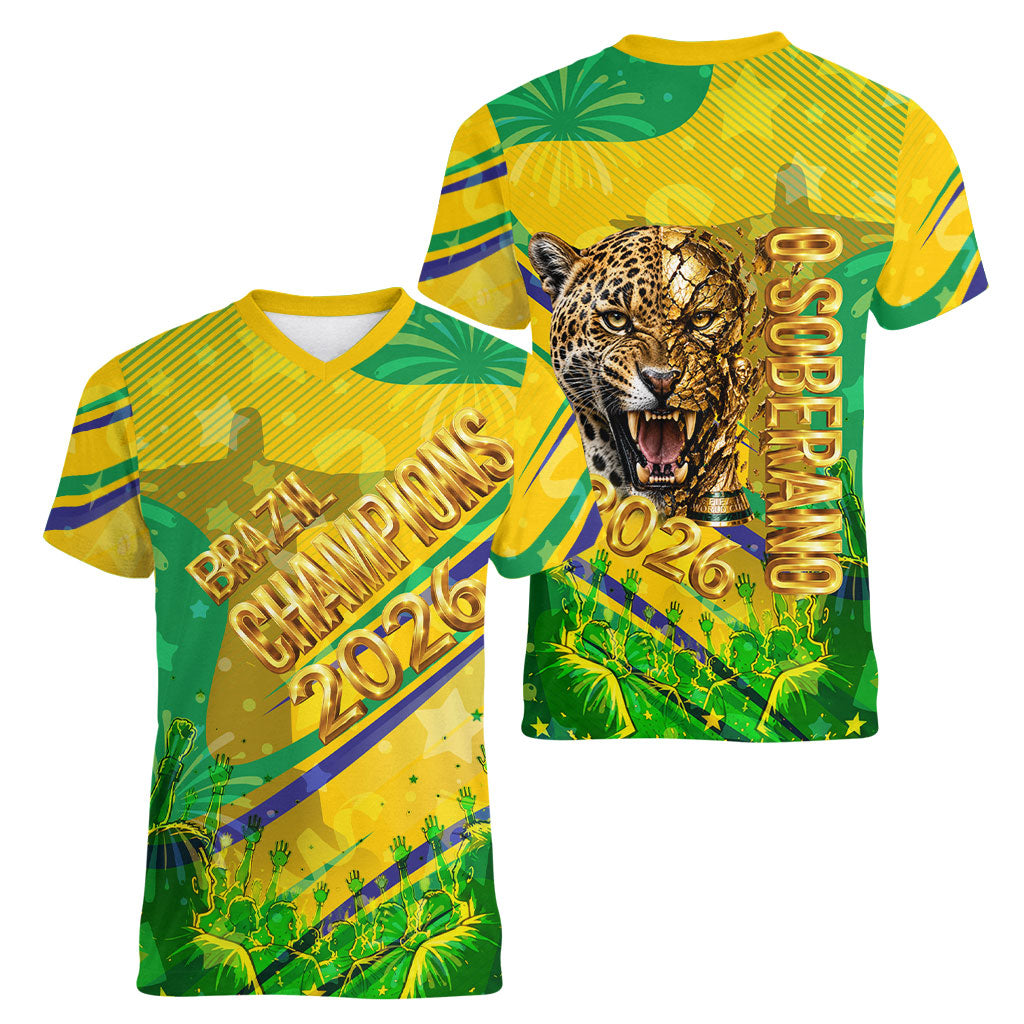 Brazil Football Champions 2026 Women V-Neck T-Shirt Sovereign Jaguar Golden Trophy 3D Graphic Design