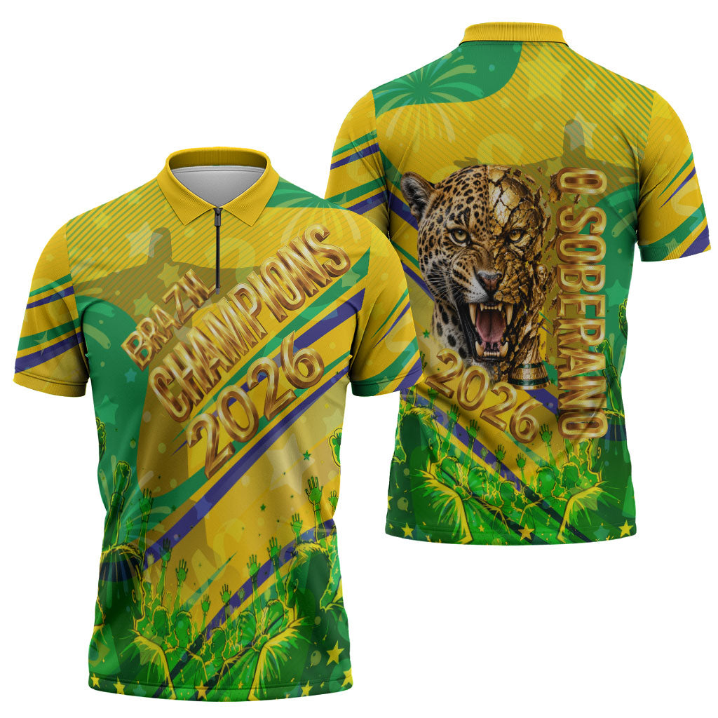 Brazil Football Champions 2026 Zipper Polo Shirt Sovereign Jaguar Golden Trophy 3D Graphic Design