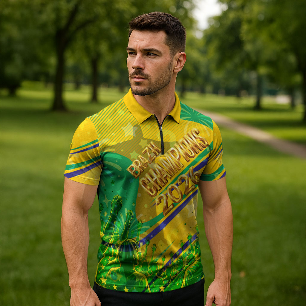 Brazil Football Champions 2026 Zipper Polo Shirt Sovereign Jaguar Golden Trophy 3D Graphic Design