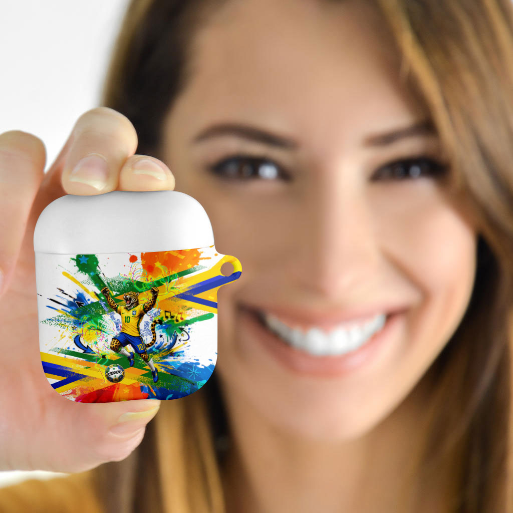 Personalized Brazil 6 Time World Football Champion 2026 AirPods Case Hexa Brasil Jaguar Mascot - Graffiti Splash Art