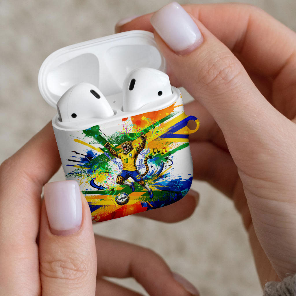 Personalized Brazil 6 Time World Football Champion 2026 AirPods Case Hexa Brasil Jaguar Mascot - Graffiti Splash Art
