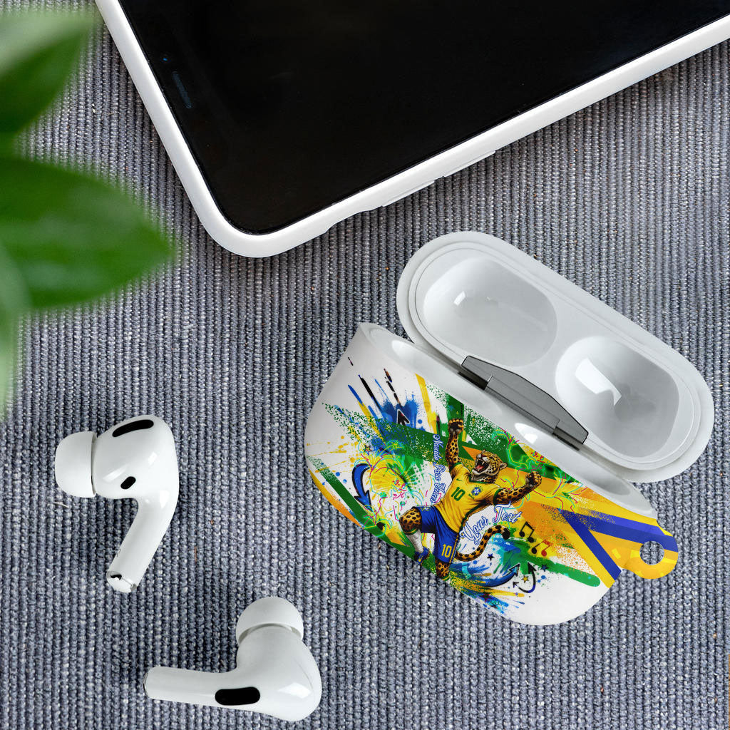 Personalized Brazil 6 Time World Football Champion 2026 AirPods Case Hexa Brasil Jaguar Mascot - Graffiti Splash Art