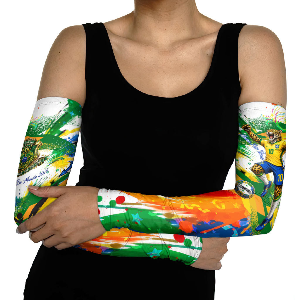Personalized Brazil 6 Time World Football Champion 2026 Arm Sleeves Hexa Brasil Jaguar Mascot - Graffiti Splash Art