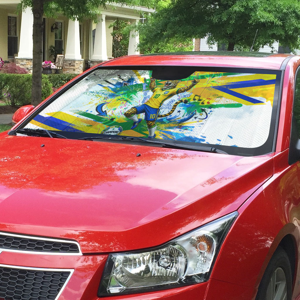Personalized Brazil 6 Time World Football Champion 2026 Auto Sun Shade Hexa Brasil Jaguar Mascot - Graffiti Splash Art