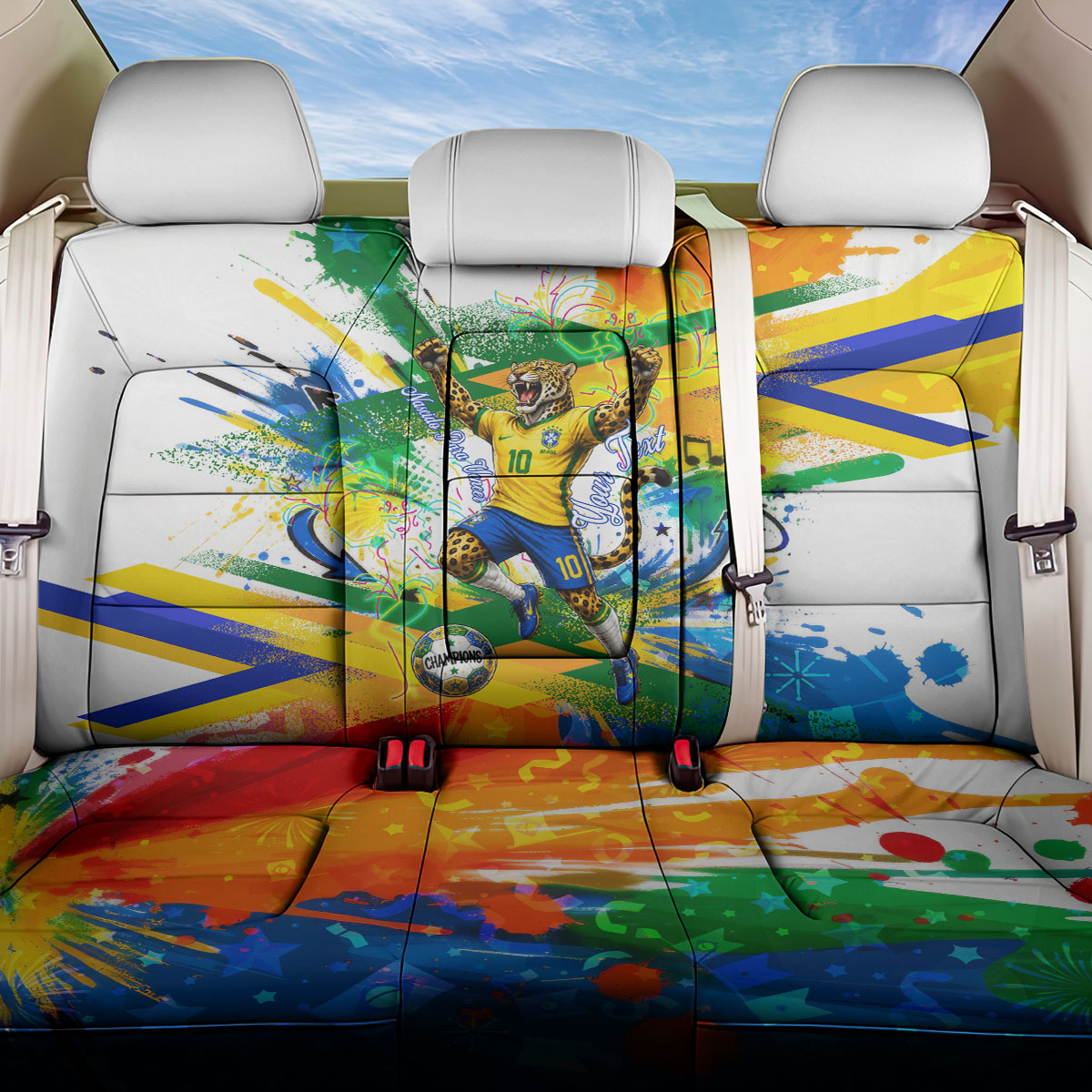 Personalized Brazil 6 Time World Football Champion 2026 Back Car Seat Cover Hexa Brasil Jaguar Mascot - Graffiti Splash Art