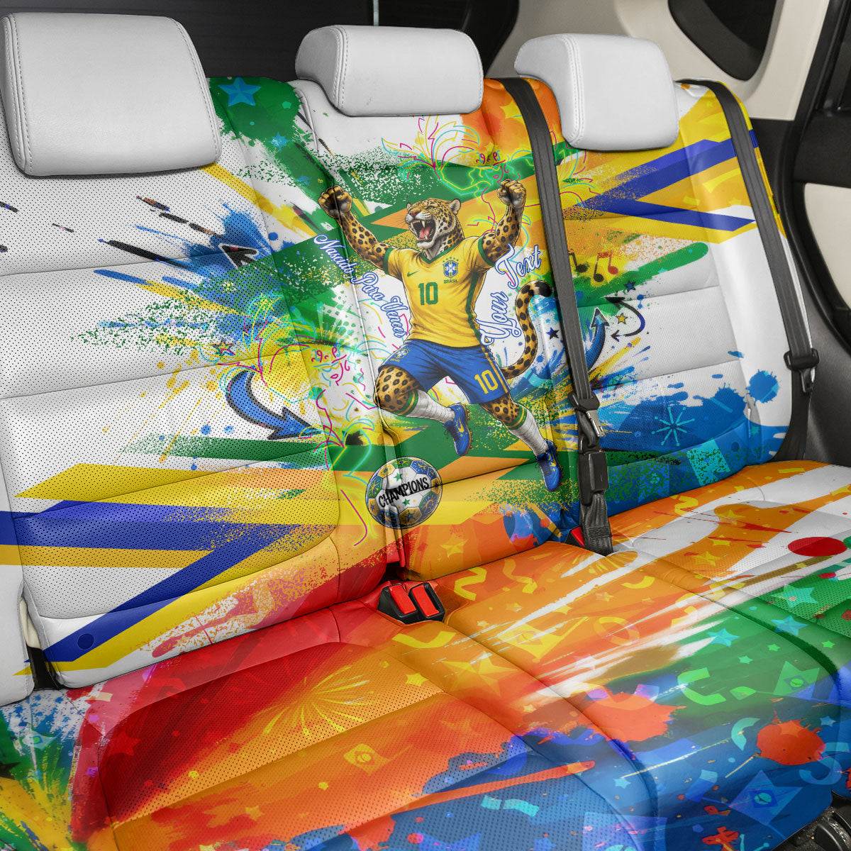 Personalized Brazil 6 Time World Football Champion 2026 Back Car Seat Cover Hexa Brasil Jaguar Mascot - Graffiti Splash Art