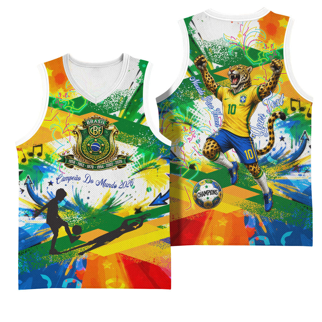 Personalized Brazil 6 Time World Football Champion 2026 Basketball Jersey Hexa Brasil Jaguar Mascot - Graffiti Splash Art