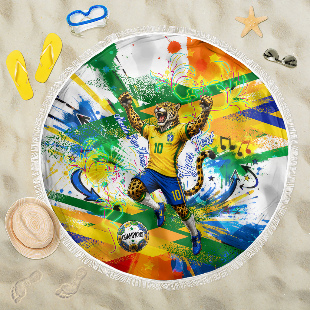 Personalized Brazil 6 Time World Football Champion 2026 Beach Blanket Hexa Brasil Jaguar Mascot - Graffiti Splash Art