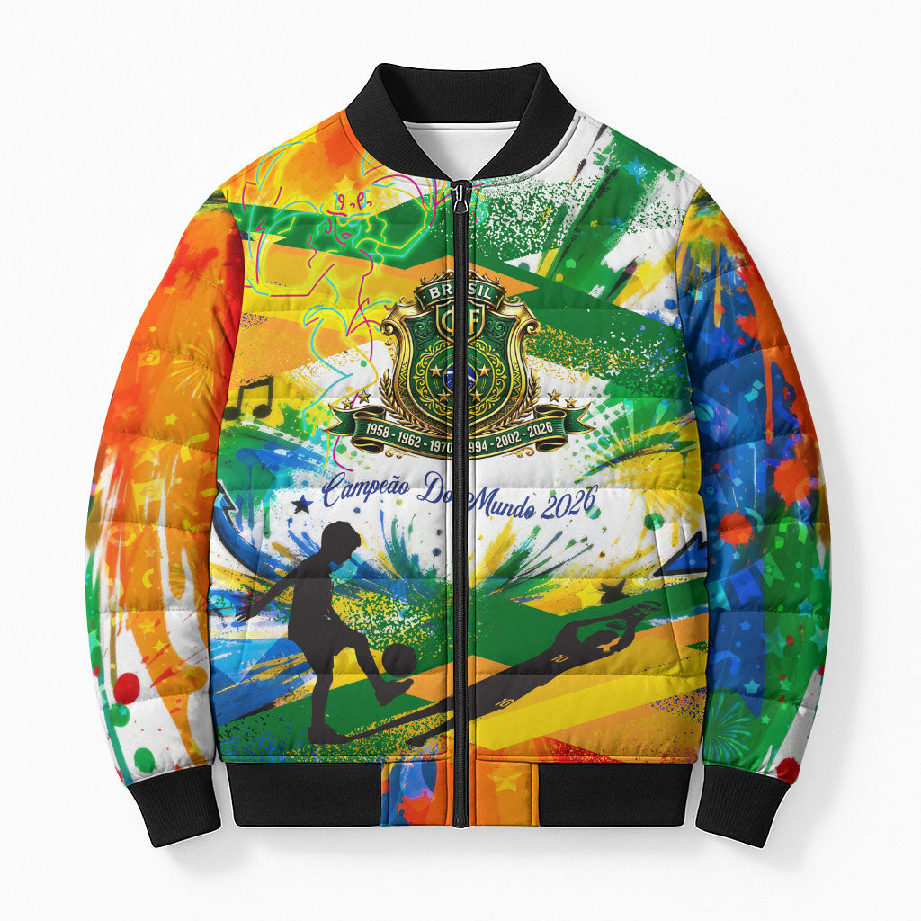 Personalized Brazil 6 Time World Football Champion 2026 Bomber Puffer Jacket Hexa Brasil Jaguar Mascot - Graffiti Splash Art