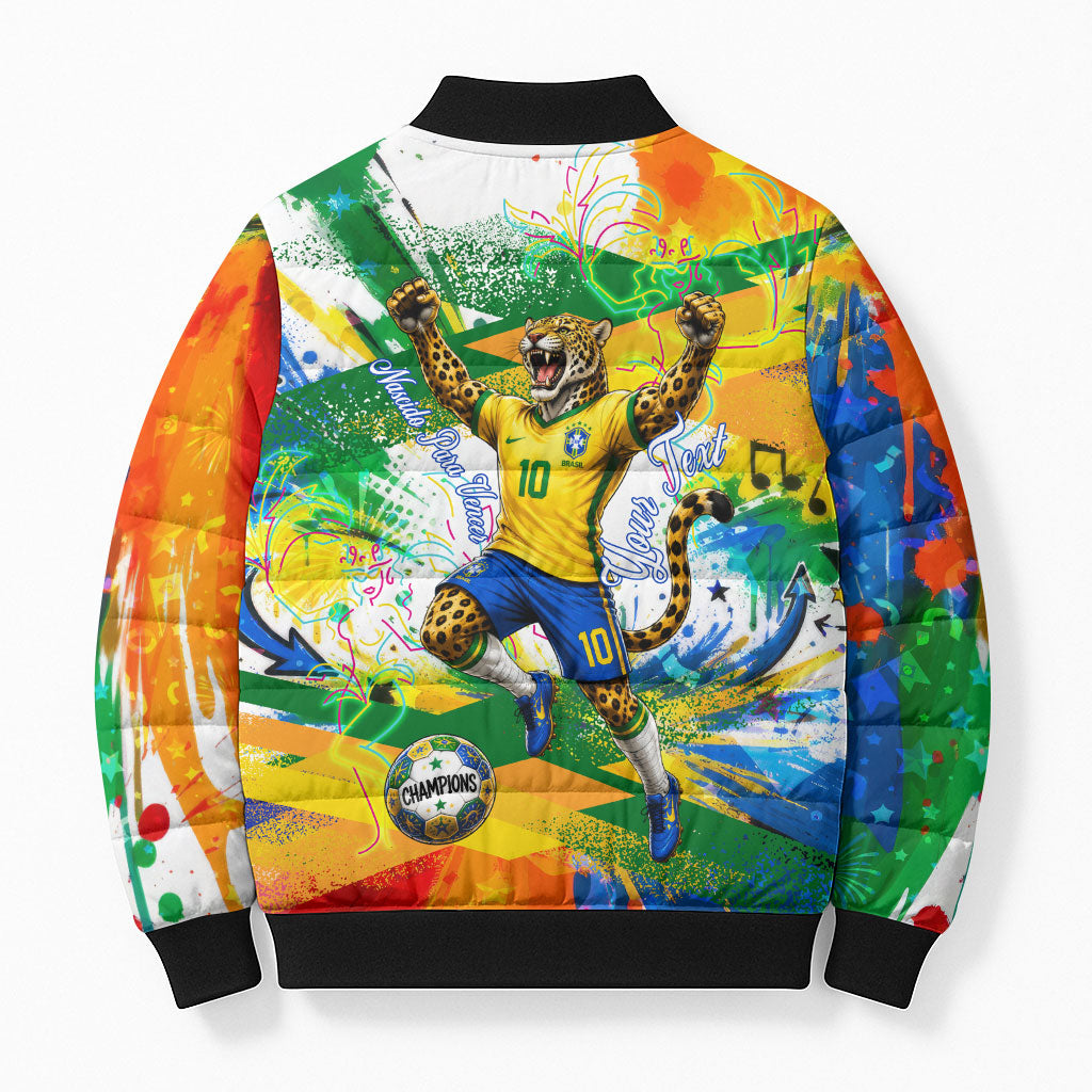 Personalized Brazil 6 Time World Football Champion 2026 Bomber Puffer Jacket Hexa Brasil Jaguar Mascot - Graffiti Splash Art
