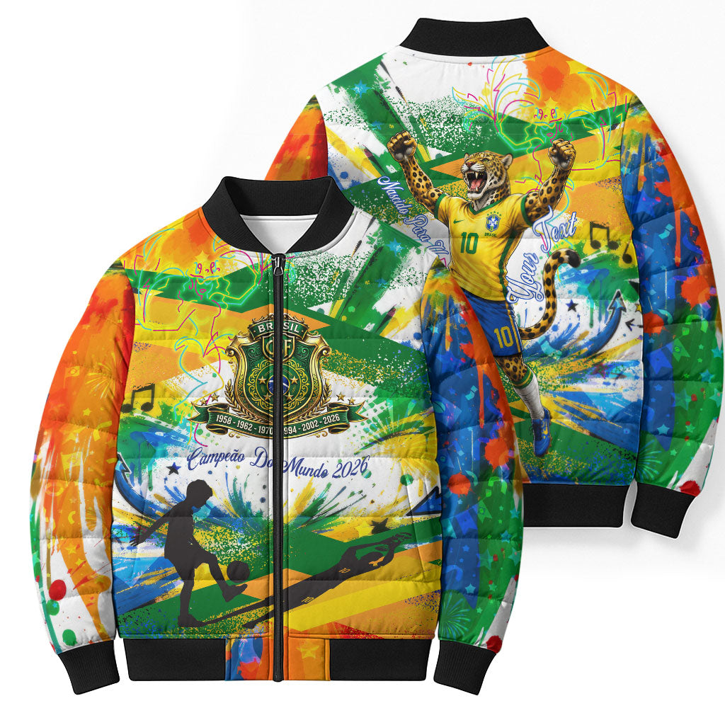 Personalized Brazil 6 Time World Football Champion 2026 Bomber Puffer Jacket Hexa Brasil Jaguar Mascot - Graffiti Splash Art
