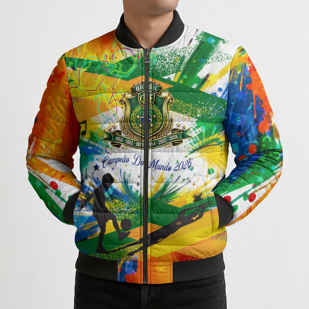 Personalized Brazil 6 Time World Football Champion 2026 Bomber Puffer Jacket Hexa Brasil Jaguar Mascot - Graffiti Splash Art