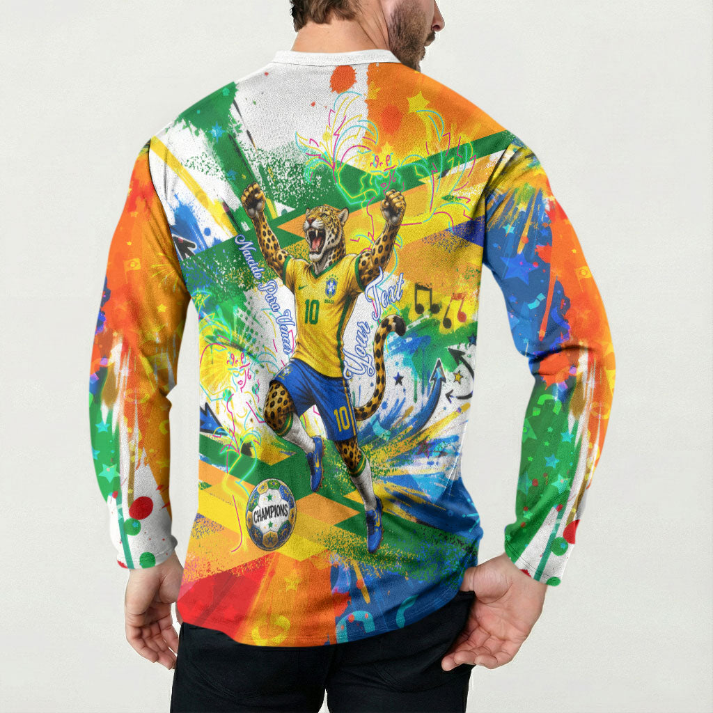 Personalized Brazil 6 Time World Football Champion 2026 Button Sweatshirt Hexa Brasil Jaguar Mascot - Graffiti Splash Art