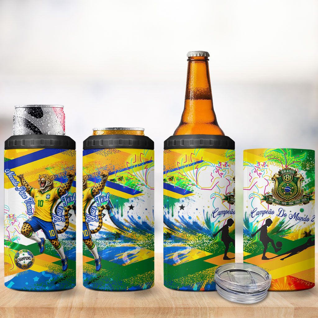 Personalized Brazil 6 Time World Football Champion 2026 4 in 1 Can Cooler Tumbler Hexa Brasil Jaguar Mascot - Graffiti Splash Art