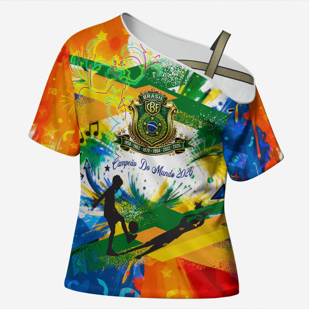Personalized Brazil 6 Time World Football Champion 2026 Cross Shoulder Shirt Hexa Brasil Jaguar Mascot - Graffiti Splash Art