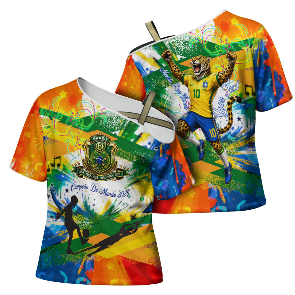 Personalized Brazil 6 Time World Football Champion 2026 Cross Shoulder Shirt Hexa Brasil Jaguar Mascot - Graffiti Splash Art