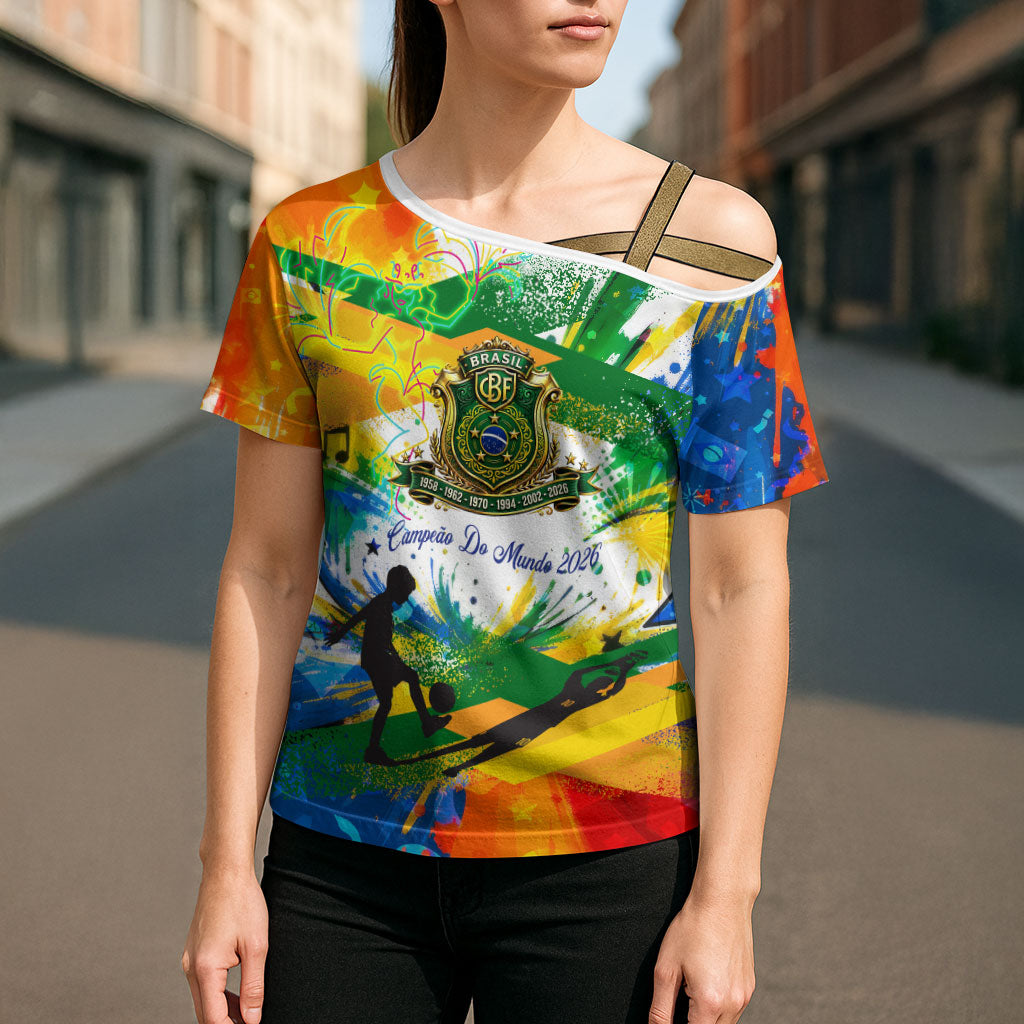 Personalized Brazil 6 Time World Football Champion 2026 Cross Shoulder Shirt Hexa Brasil Jaguar Mascot - Graffiti Splash Art