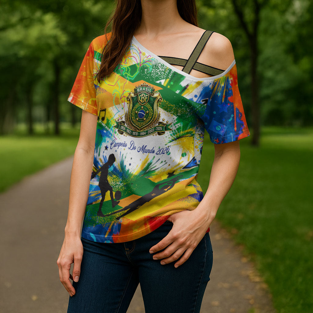 Personalized Brazil 6 Time World Football Champion 2026 Cross Shoulder Shirt Hexa Brasil Jaguar Mascot - Graffiti Splash Art