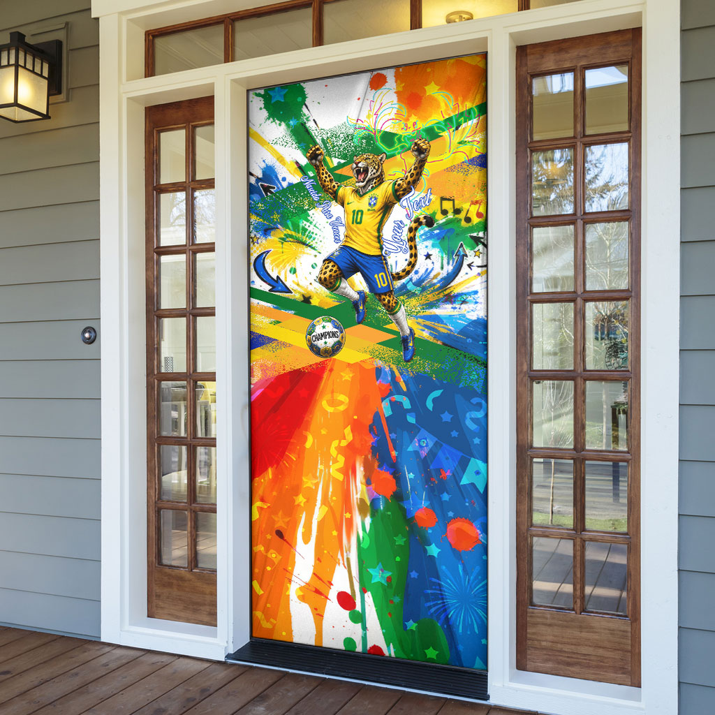 Personalized Brazil 6 Time World Football Champion 2026 Door Cover Hexa Brasil Jaguar Mascot - Graffiti Splash Art