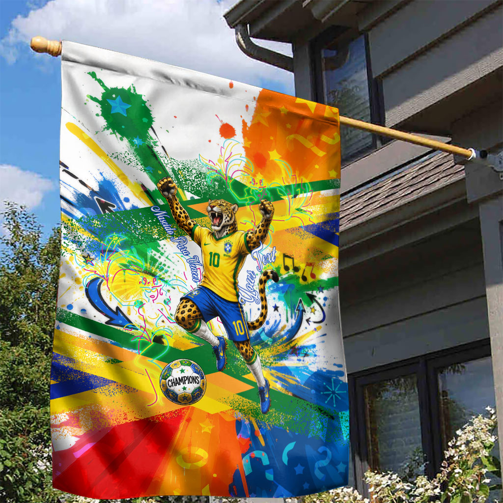 Personalized Brazil 6 Time World Football Champion 2026 Garden Flag Hexa Brasil Jaguar Mascot - Graffiti Splash Art