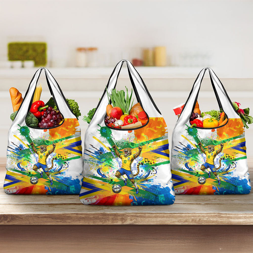 Personalized Brazil 6 Time World Football Champion 2026 Grocery Bag Hexa Brasil Jaguar Mascot - Graffiti Splash Art