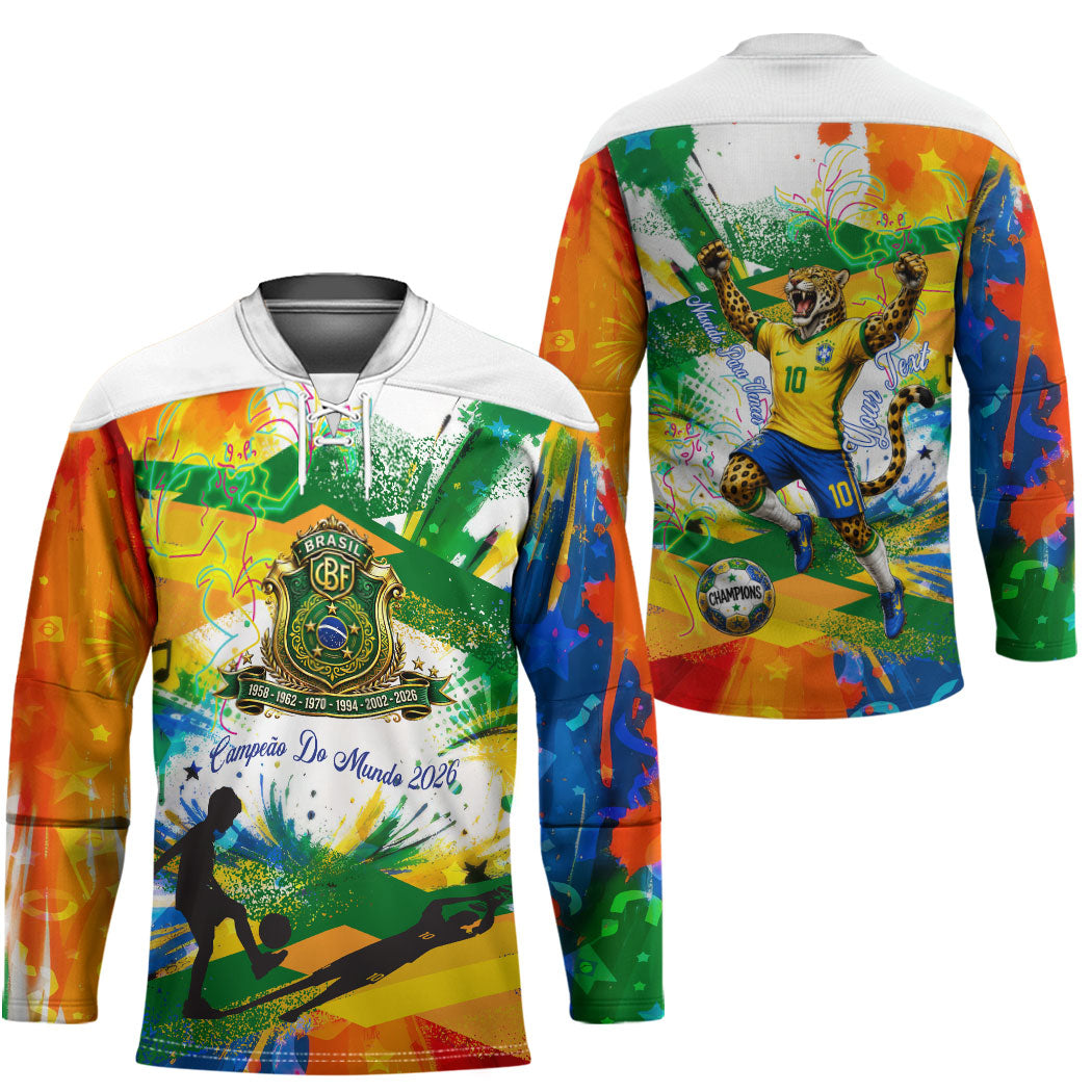 Personalized Brazil 6 Time World Football Champion 2026 Hockey Jersey Hexa Brasil Jaguar Mascot - Graffiti Splash Art