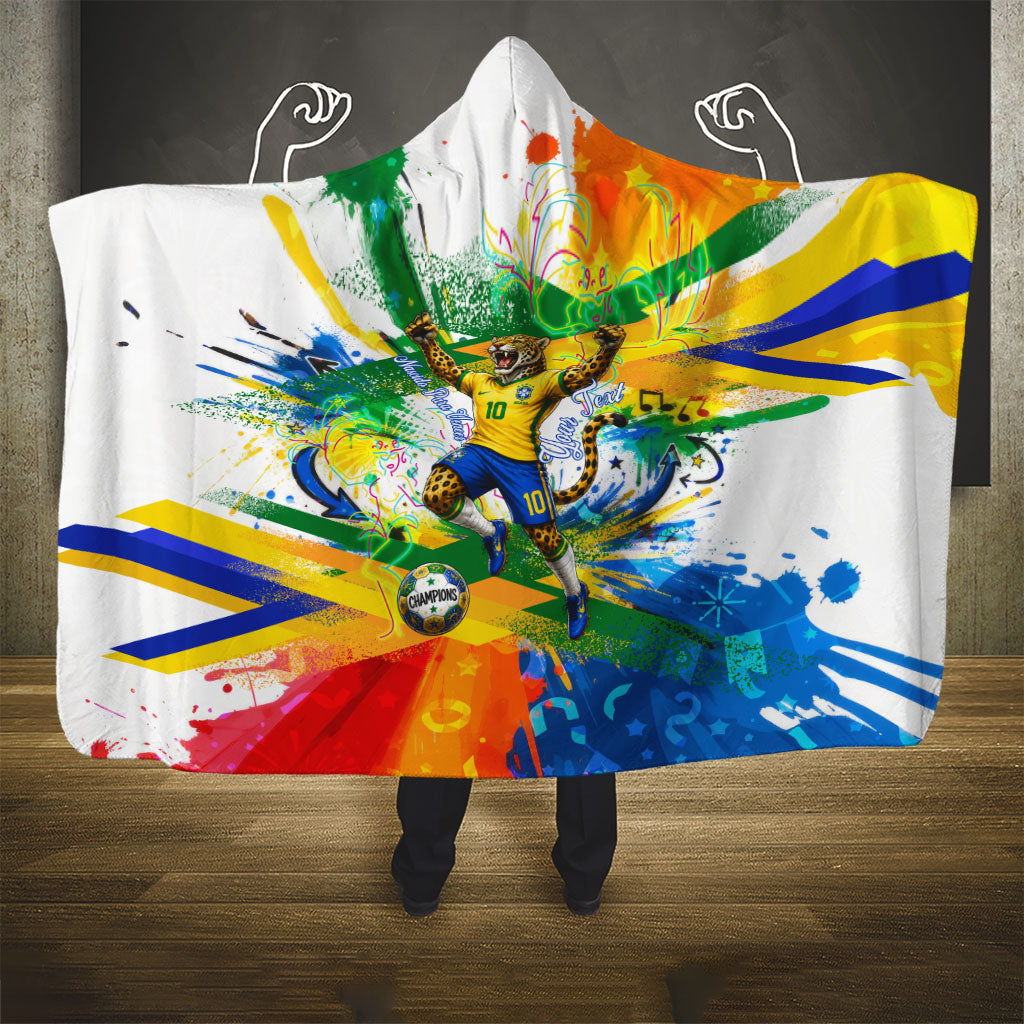 Personalized Brazil 6 Time World Football Champion 2026 Hooded Blanket Hexa Brasil Jaguar Mascot - Graffiti Splash Art