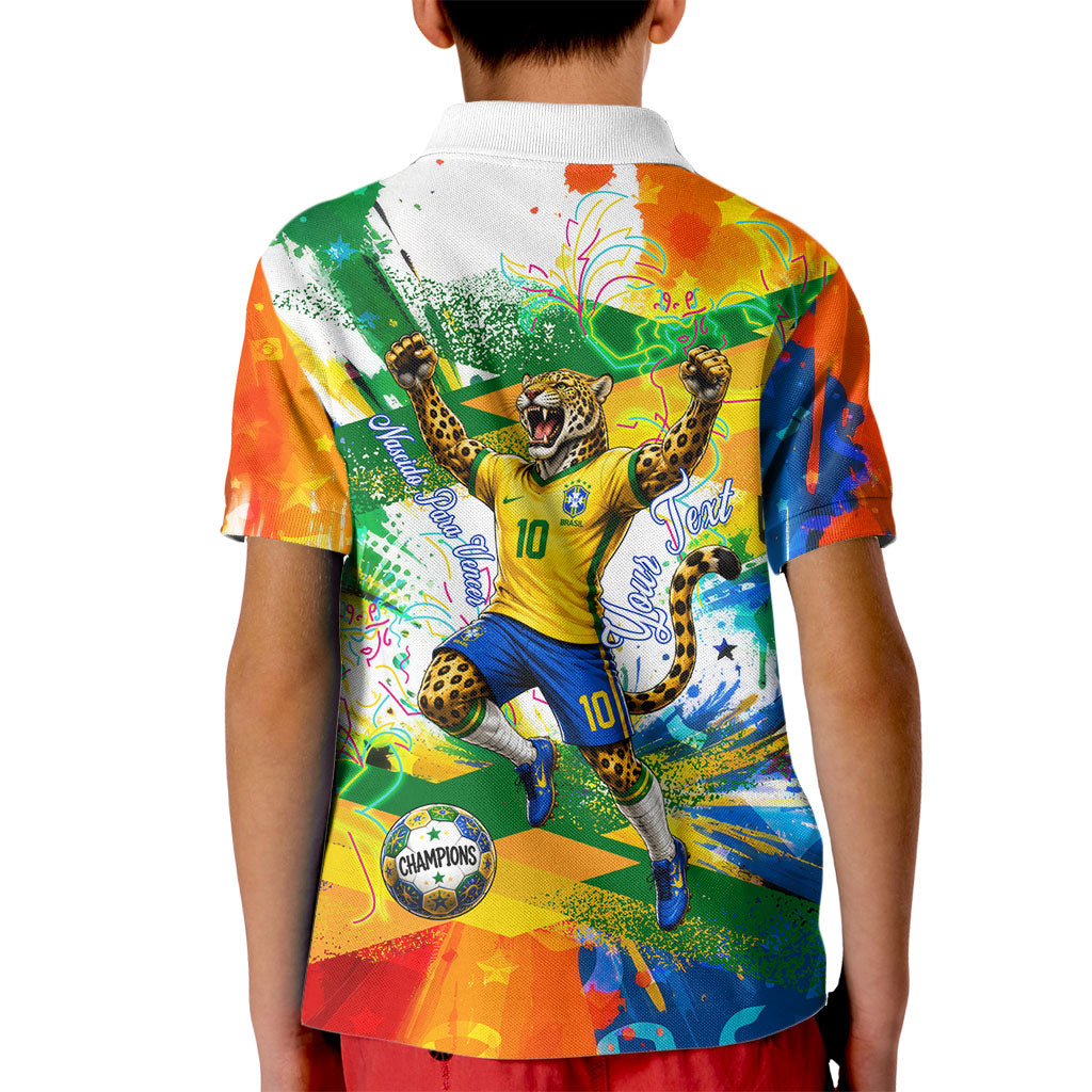 Personalized Brazil 6 Time World Football Champion 2026 Kid Polo Shirt Hexa Brasil Jaguar Mascot - Graffiti Splash Art