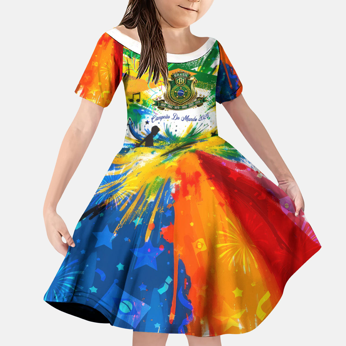 Personalized Brazil 6 Time World Football Champion 2026 Kid Short Sleeve Dress Hexa Brasil Jaguar Mascot - Graffiti Splash Art
