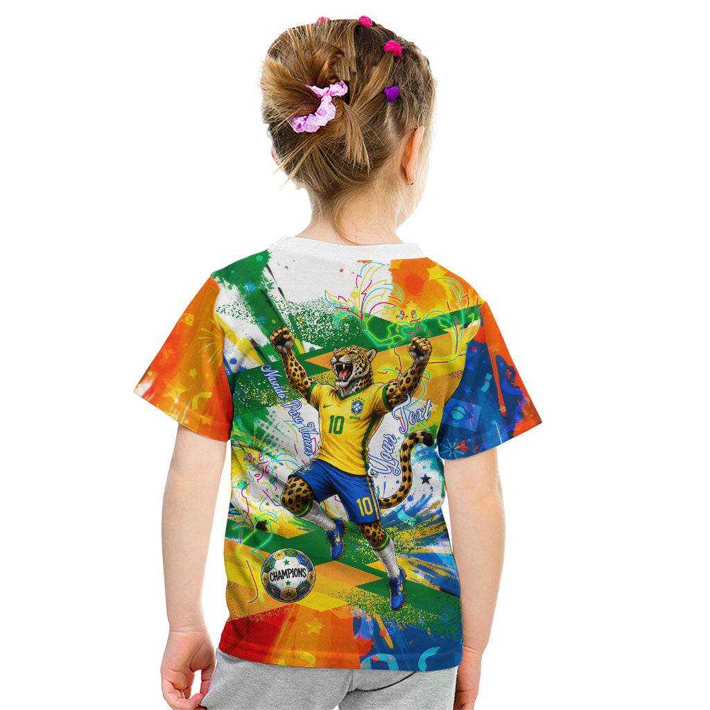 Personalized Brazil 6 Time World Football Champion 2026 Kid T Shirt Hexa Brasil Jaguar Mascot - Graffiti Splash Art