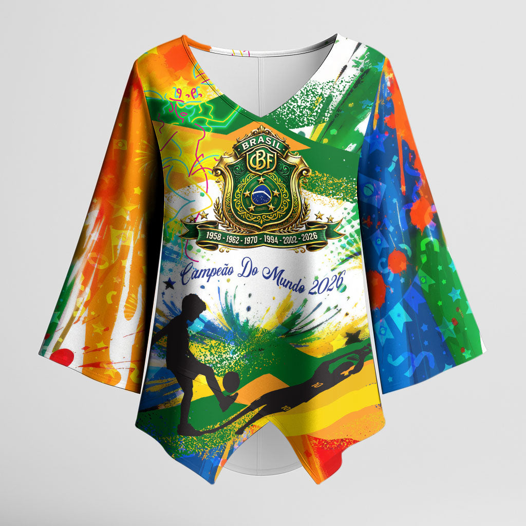 Personalized Brazil 6 Time World Football Champion 2026 Kimono Sleeve Blouse Hexa Brasil Jaguar Mascot - Graffiti Splash Art