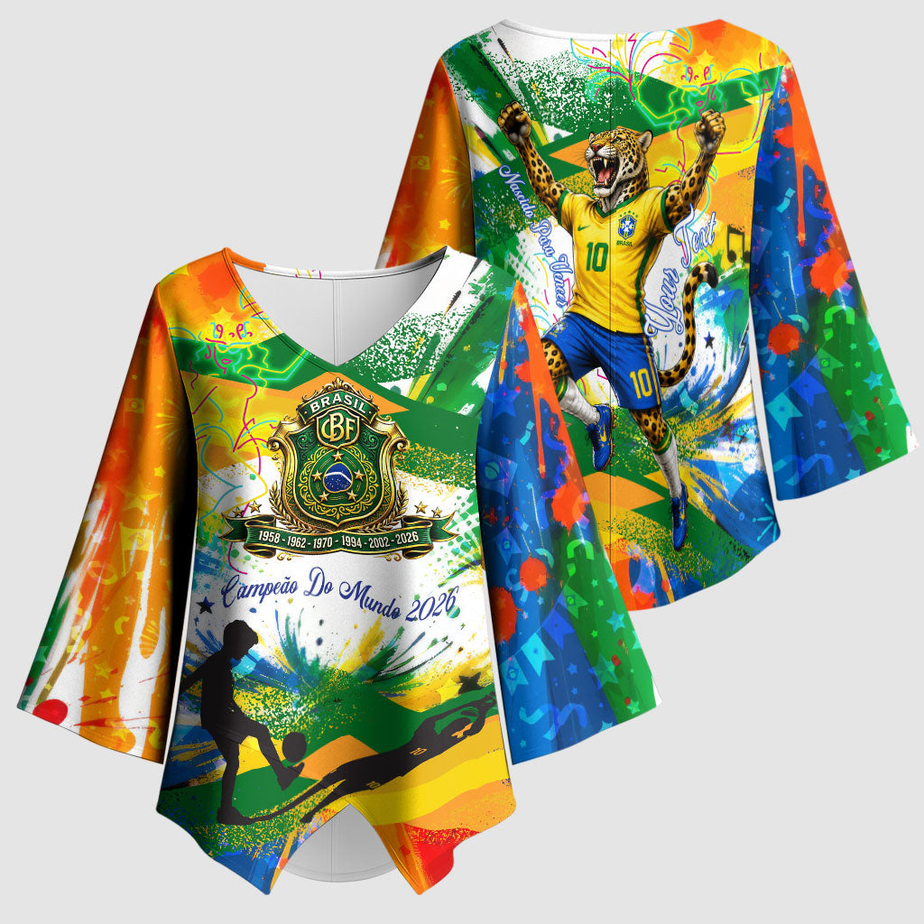 Personalized Brazil 6 Time World Football Champion 2026 Kimono Sleeve Blouse Hexa Brasil Jaguar Mascot - Graffiti Splash Art