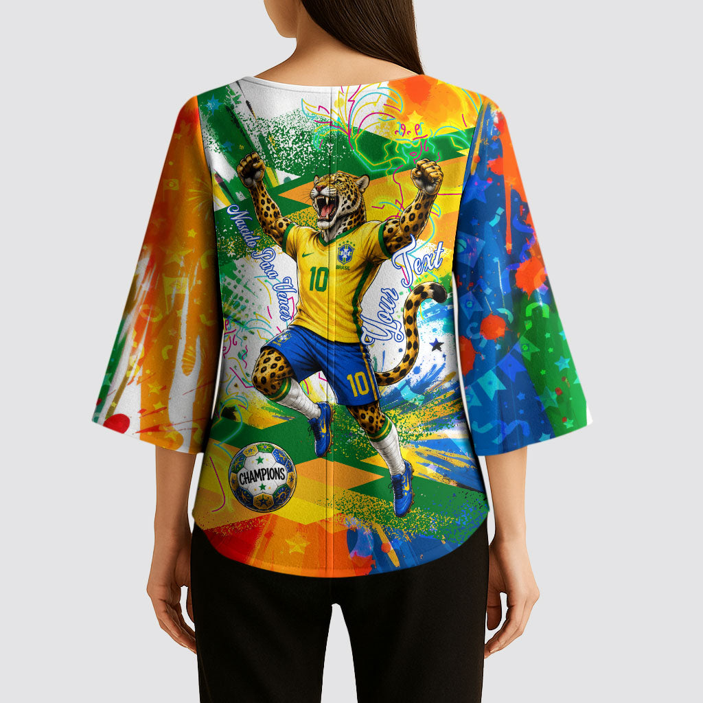 Personalized Brazil 6 Time World Football Champion 2026 Kimono Sleeve Blouse Hexa Brasil Jaguar Mascot - Graffiti Splash Art