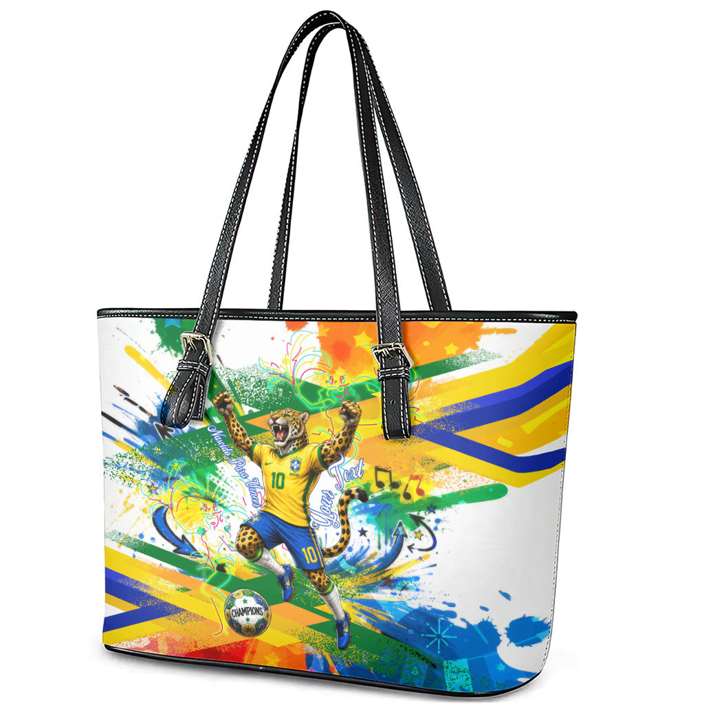 Personalized Brazil 6 Time World Football Champion 2026 Leather Tote Bag Hexa Brasil Jaguar Mascot - Graffiti Splash Art