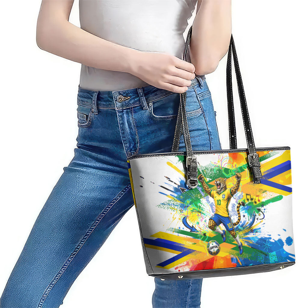Personalized Brazil 6 Time World Football Champion 2026 Leather Tote Bag Hexa Brasil Jaguar Mascot - Graffiti Splash Art