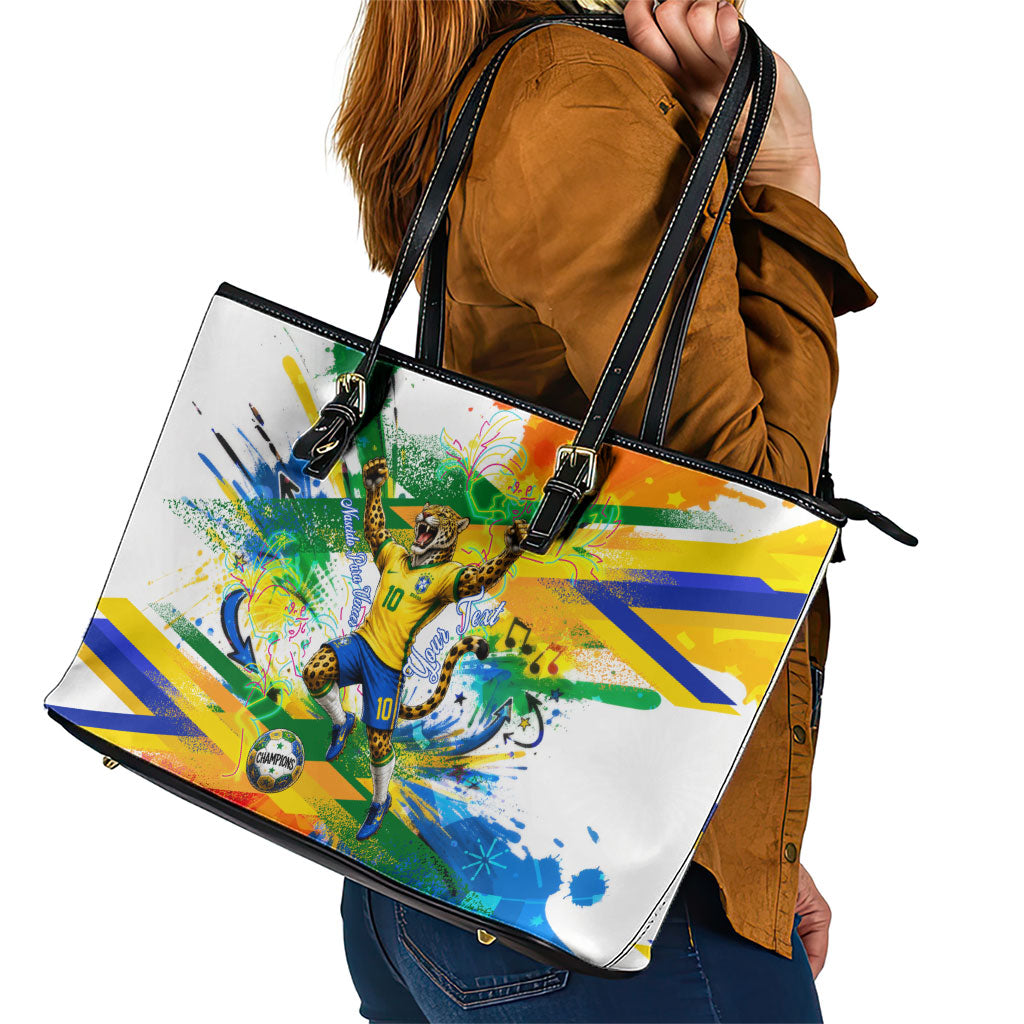 Personalized Brazil 6 Time World Football Champion 2026 Leather Tote Bag Hexa Brasil Jaguar Mascot - Graffiti Splash Art