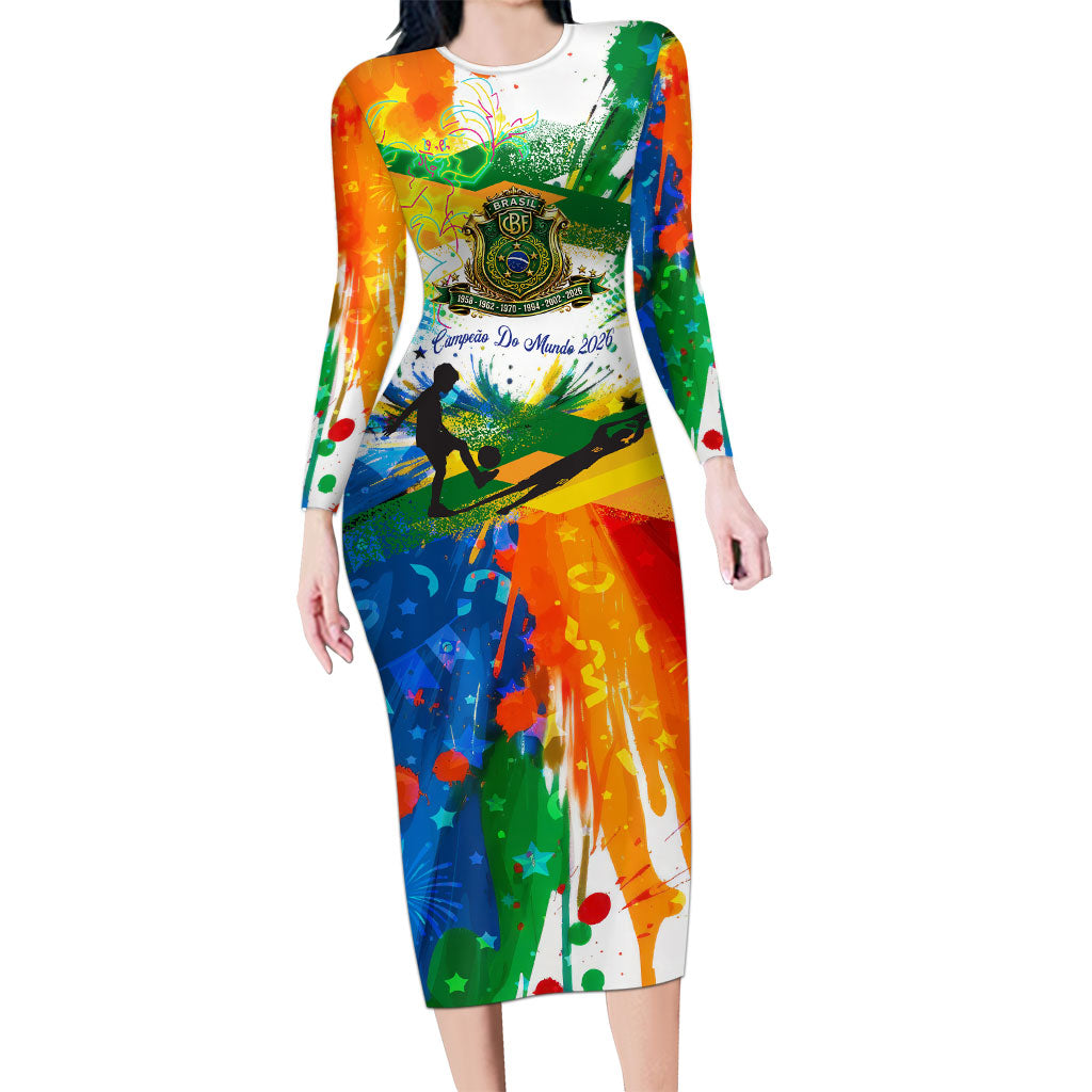 Personalized Brazil 6 Time World Football Champion 2026 Long Sleeve Bodycon Dress Hexa Brasil Jaguar Mascot - Graffiti Splash Art