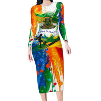 Personalized Brazil 6 Time World Football Champion 2026 Long Sleeve Bodycon Dress Hexa Brasil Jaguar Mascot - Graffiti Splash Art